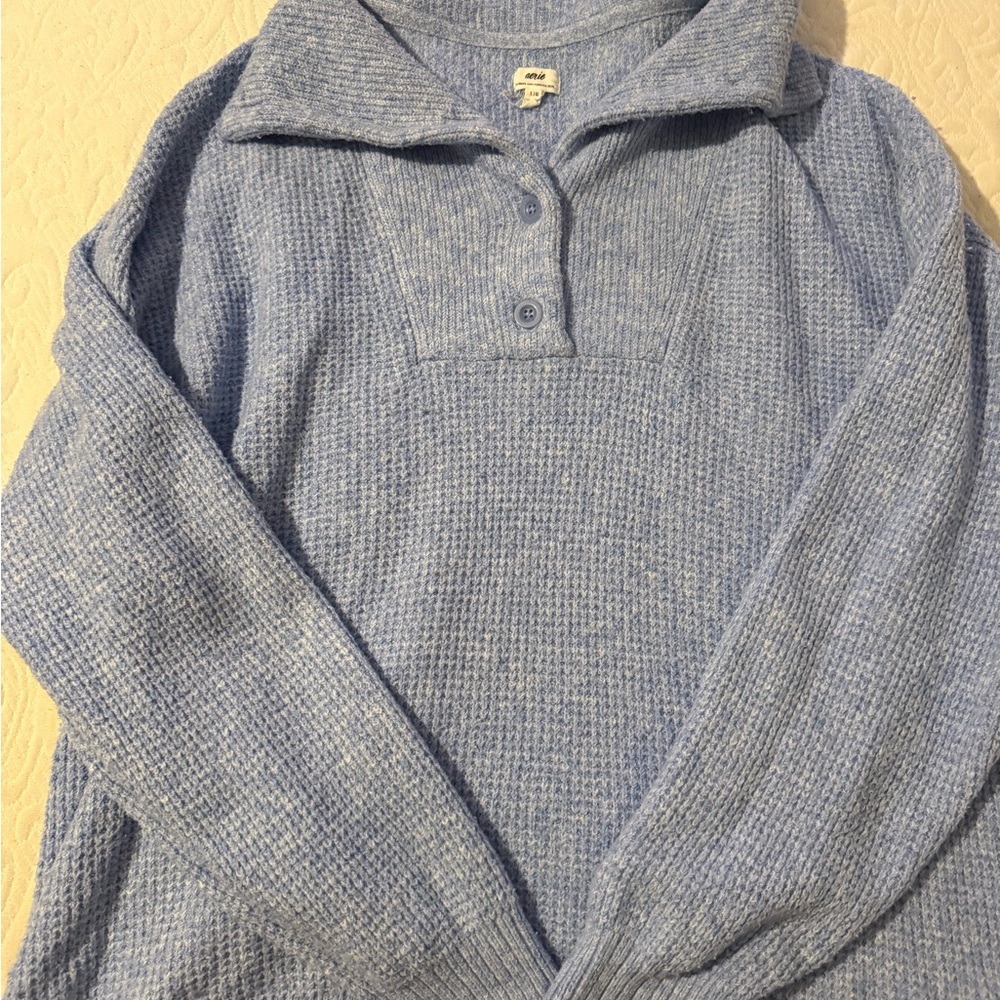 aerie Sky Blue Waffle-Knit Henley Pullover